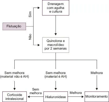 Diagrama de flujo del manejo del nódulo inflamatorio. Se entra por la pregunta de si hay fluctuación: si la hay, drenaje con aguja y cultivo; con o sin ella, quinolona más macrólido durante dos semanas. A partir de ahí tres salidas: mejora, monitorizar; sin mejora y el material no es ácido hialurónico, corticoide intralesional; sin mejora y el material es ácido hialurónico, hialuronidasa, y si tampoco mejora entonces corticoide intralesional. Vieira Braz 2017, página 698.